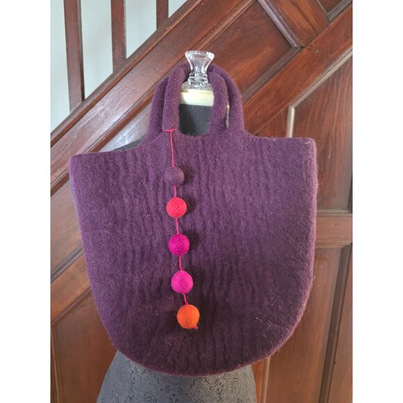 Handcrafted Wool Felt Tote Bag With Pom-Pom Accents - Purple - Picture 1 of 5